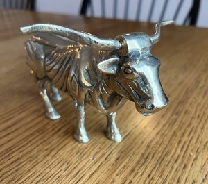 Mid Century Solid Brass Texas Longhorn Steer Sculpture Cattle Stock Market Bull