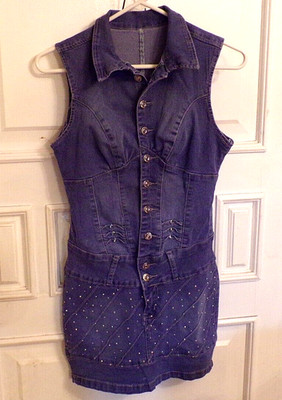 Silver Diva Demin Jean Sleeveless Dress w/Rhinestones & Metal Buttons Size 7