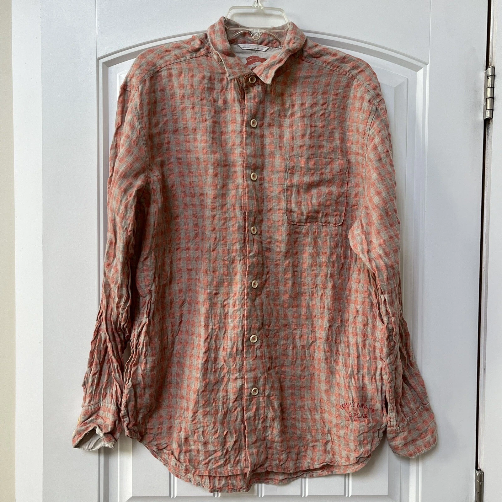 Mens Tommy Bahama 100% Linen Button Down Shirt Orange Tan Check Plaid sz Large