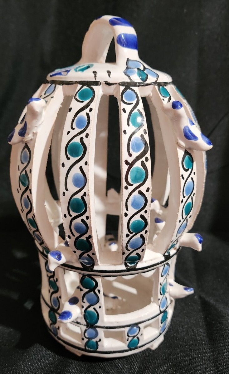 Pottery Ceramic Hand Painted Bird Cage Tunisia 8