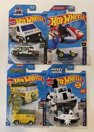 4 New HOT WHEELS: Standard Mario Kart*Disney Steamboat*Snoopy*Space Jam 70s Van