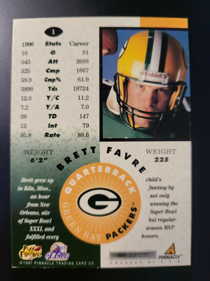 Tarjeta de cobre Pinnacle Mint Brett Favre 1997 #1 Foto 2 de 2