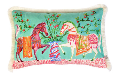 Horse Pattern Throw Pillow - Sea Green Velvet Pillow Case - Cream Tassel Cushion