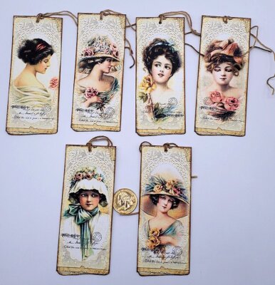 6-Vintage-Ladies-Bookmarkers-Journal-Ephemera-Linen Cardstock-Gift-Hang-Tags