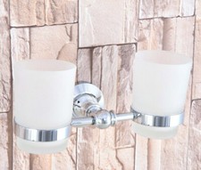 2 Scrub Glass Cup Silver Chrome Bathroom Wall Mounted Toothbrush Holder 2ba797