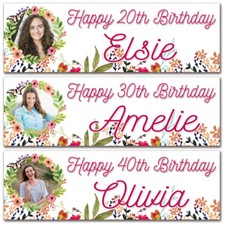 2 Personalised birthday banner flower butterfly adults party poster decoration