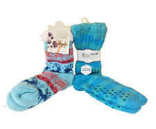 NEW - LOT of 2 - Blue - Non-Slip Slipper Socks - Striped Holiday Reindeer NWT