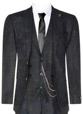 Mens 3 Piece Wool Suit Olive Green Tweed Check Peaky Blinders 1920 Gatsby Formal