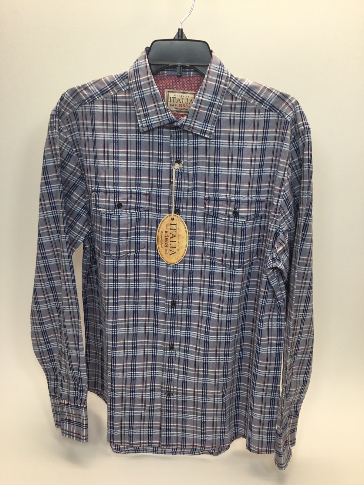 Винтажная итальянская мужская рубашка на пуговицах спереди в клетку с длинным рукавом [XL]