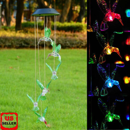 Solar Color Changing LED Hummingbird Wind Chimes Home Garden Decor Light Lamp US - Afbeelding 1 van 23