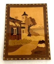 Vtg Marquetry Inlaid Wood Plaque Church Coastal Hanging Wall Art Neutral