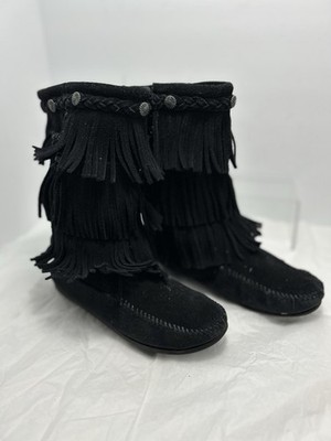 MinneTonka 3 Layer Fringe Black Sz 4 Suede Boot Youth/Womens  Flat Moccasin #14Y