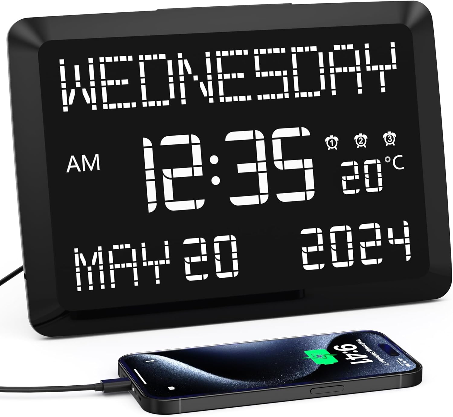 11.5 Inch Digital Wall Clock with Date Time Week Temperature Alarms Dimmer