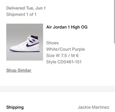 Air Jordan 1 High OG White/Court Purple US 7.5 Women