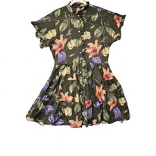 Ralph Lauren  Women's Green Floral Cotton Voile Short Sleeve Button Up Dress L