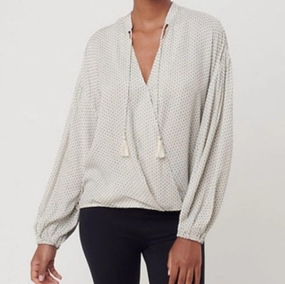 LOFT Lou & Grey Top Size S Small Pickstitch Wrap Chiffy Ivory Black Sleeve Women