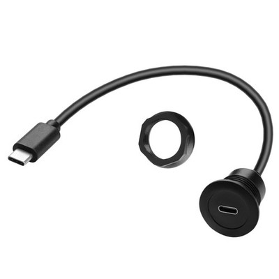 30cm USB C 3.0 M to F Flush Mount Cable, 5Gbps, PD 60W, 20V 3A, Threaded, Car