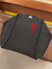 Ami Paris Intarsia Logo Gray Wool Knitted Men's Sweater Medium Size