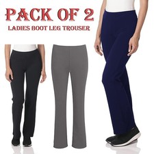 2 PACK LADIES BOOTLEG TROUSERS STRETCH PULL ON PANTS WOMENS STRAIGHT LEG RIBBED