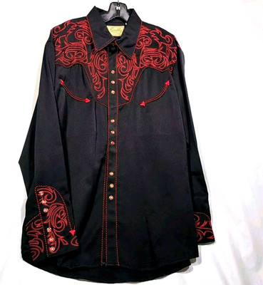 Scully Western Shirt Men Large Black Long Sleeve Snap Red Embroidered Scroll
