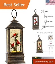 10'' Lighted Cardinal Music Snow Globe Water Lantern with Swirling Glitter De...