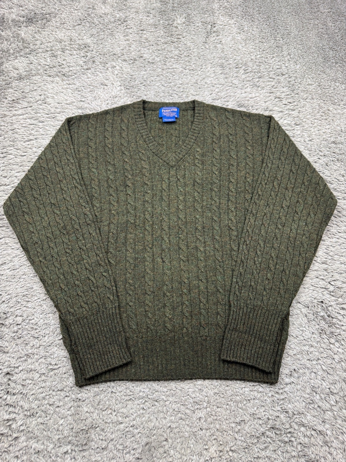 Pendleton Sweater Men Small Green Lambs Wool Shetland Cable Knit Fisherman Vtg