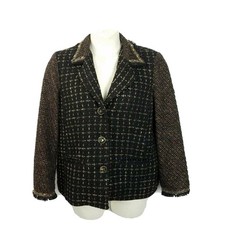 Chicos Blazer SZ 2 L 12 Black Brown Tweed Stone Embroidery Jacket Metallic Weave