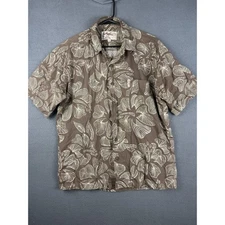 Vintage Local Motion Hawaiian Shirt M Brown Floral Cotton Surf 80s Button Front