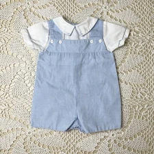 Vintage 1980s Petit Ami Baby Boy 3-6 Months Blue Gingham Classy Romper