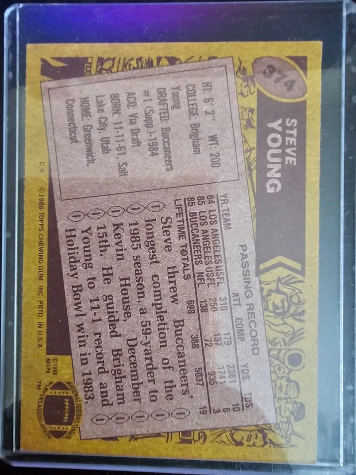 Tarjeta de novato 1986 Topps Football Steve Young #374 RC Foto 2 de 2