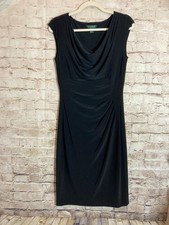 Ralph Lauren Sheath Dress Womens 6 Black LBD Ruched Draped Cowl Neck Stretch