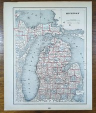 Vintage 1893 MICHIGAN Map 11 x13  ~ Old Antique Original LANSING CADILLAC MI