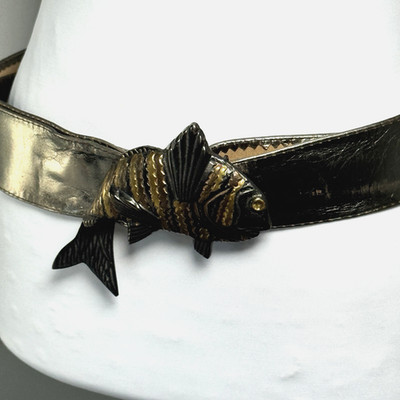 Vintage Pewter Leather Belt India Cast Metal Fish Buckle Brass Copper Tones S/M