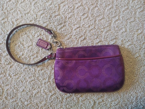 Coach Signature viola raso e bordo in pelle interno grigio con tasca bracciale us intime ottimeioni