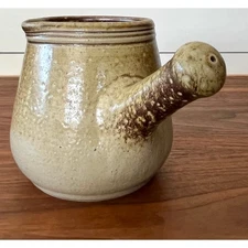 Vintage Rustic Side Handle Pitcher with Spout Brown Glaze Unidentified Signature