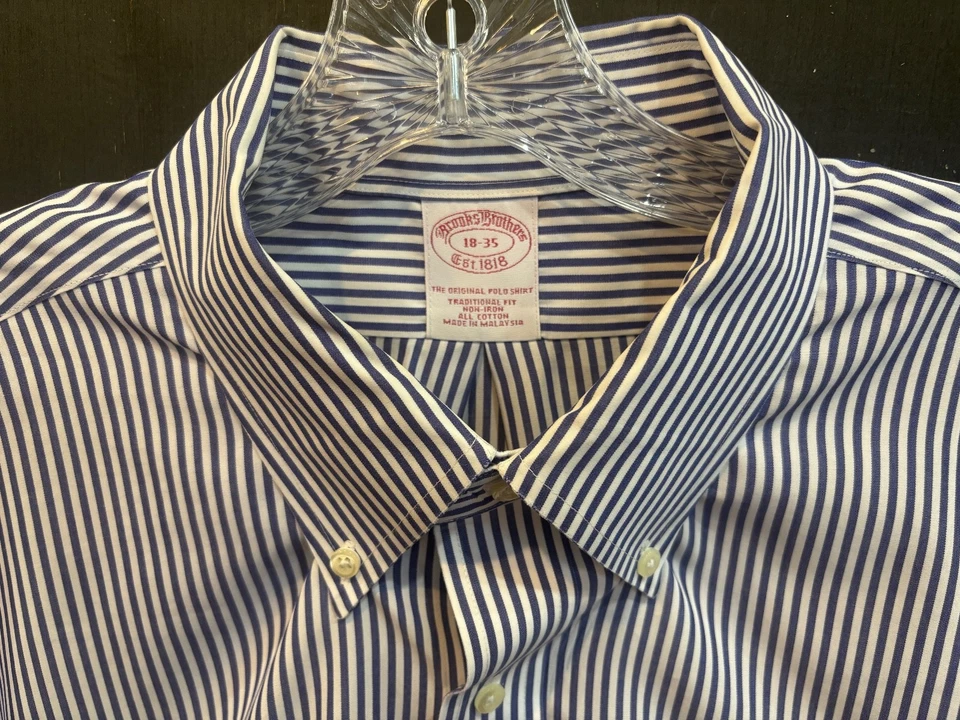 Brooks Brothers Dress Shirt Mens 18 - 35 Traditional Fit Blue Stripe Non-Iron - Image 4 of 4