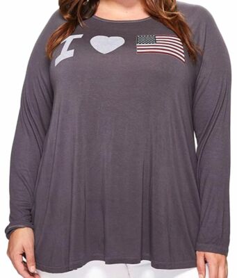 $100 Allen Allen Women's Plus Size Gray Heart Flag Long Sleeve Tee T-Shirt Sz 1X