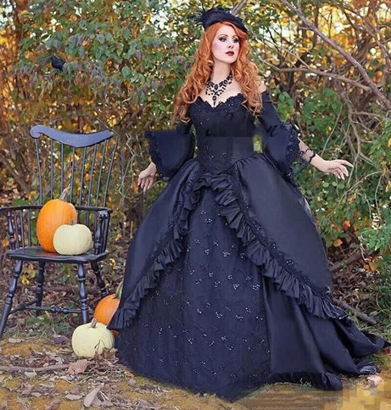 Vestidos de novia góticos negros con hombros descubiertos mangas largas volantes de tul vestido de novia Foto 2 de 4