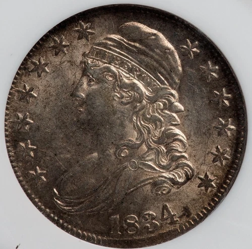 Capped Bust Half Dollar 1834 NGC MS-60. Amazing Mint State piece! Nicely toned!