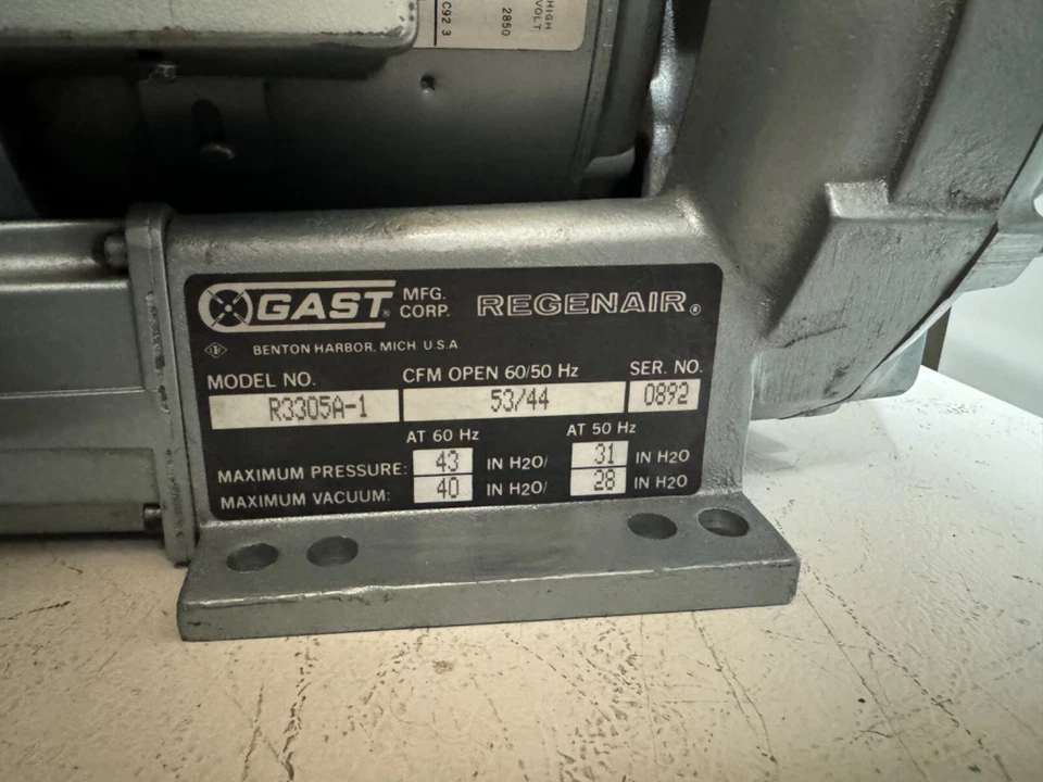 GAST R3305A-1 Side Channel Air Blower Vacuum Motor 3P 220/480V J410 P55BES-535 - Image 3 of 4