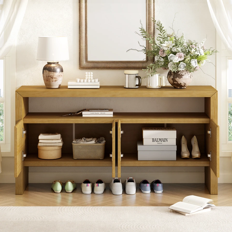 Aparador de 4 Puertas Moderno Gran Capacidad Armario de Almacenamiento de Madera Maciza con Estante Abierto Foto 3 de 4