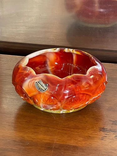 Kanawha Glass #836ED Hobstar Rose Bowl Orange Red Yellow White Slag