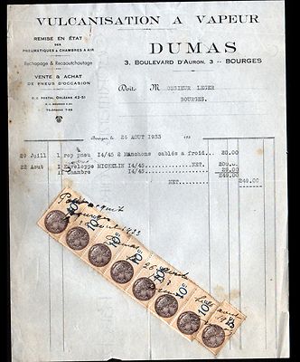 BOURGES (18) REIFEN / VULKANISATION RUNDERNEUERUNG ''DUMAS'' 1933