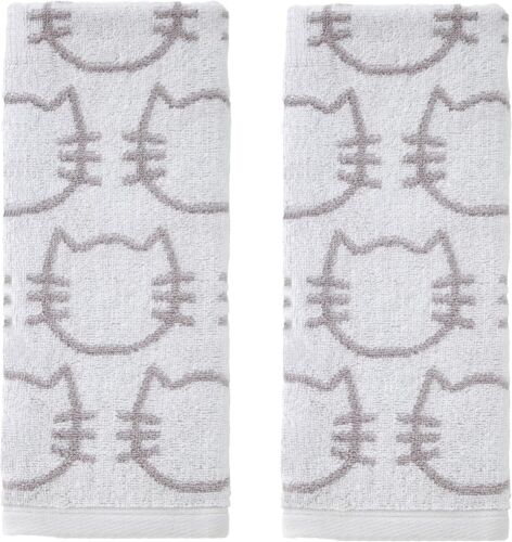 Cat Hand Towel 2pc Set for Bath/Kitchen/Bar & Gift, White