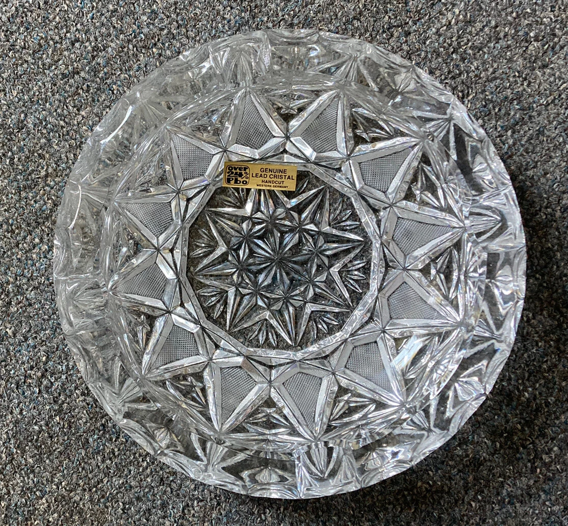 Vintage Clear Cut Leaded Glass Ashtray Round Heavy over 3 Pounds Ash Tray 8"