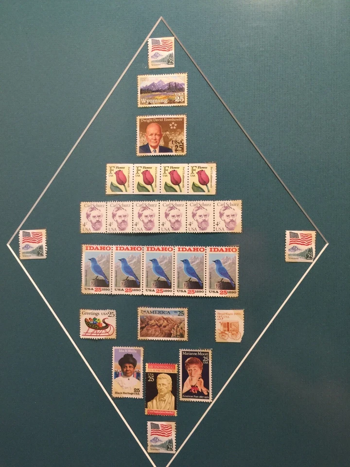 Estampillas de Estados Unidos enmarcadas 19”x14,5” 25 centavos F flor 4 centavos América Foto 2 de 4