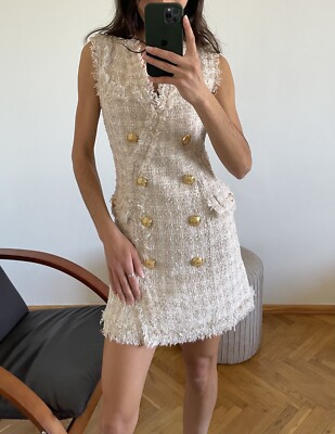 4k Gorgeous Authentic Balmain Gold Logo Buttons Beige Tweed Mini Dress Size  34 | eBay