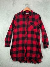 Beach Lunch Lounge Flannel Shirt Dress Womens XS Red Plaid Frayed Long Sleeve