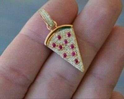 2Ct Round Lab-Created Ruby Pizza Slice Awesome Pendant Yellow Gold Plated Silver