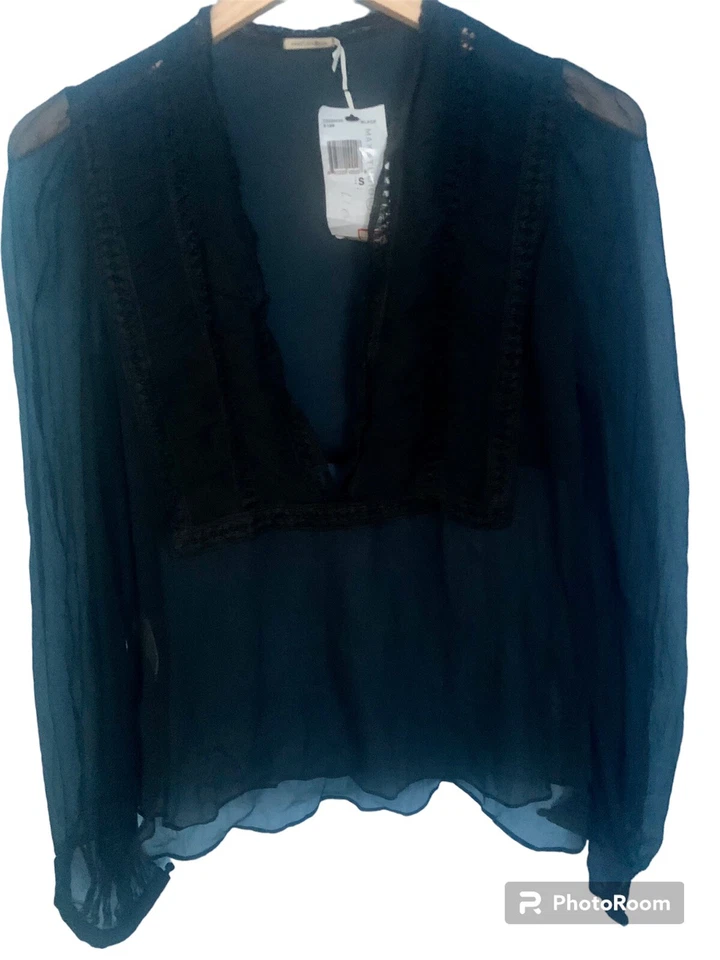 Max Studio VTG Y2K Black Silk Lace Trim Tunic Top NWT Size S